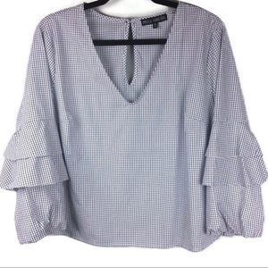 Mixed Threads Plaid Ruffled Balloon Sleeve V-Neck Blouse Size XL